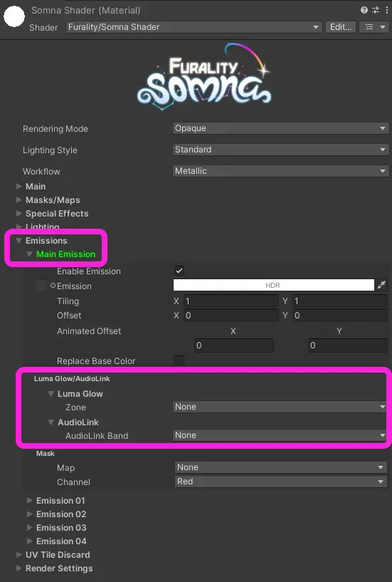 screenshot highlighting the emission glow dropdown under luma glow