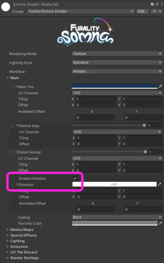 screenshot highlighting the enable emission checkmark