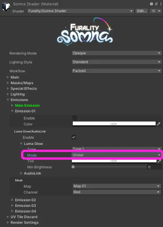 screenshot highlighting what glow modes are available under luma glow