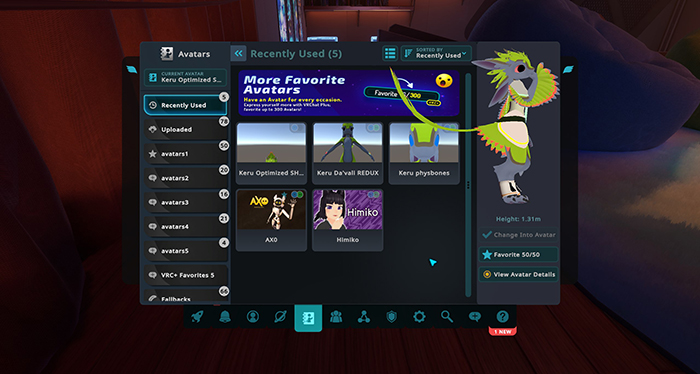 screenshot of the player avatar menu