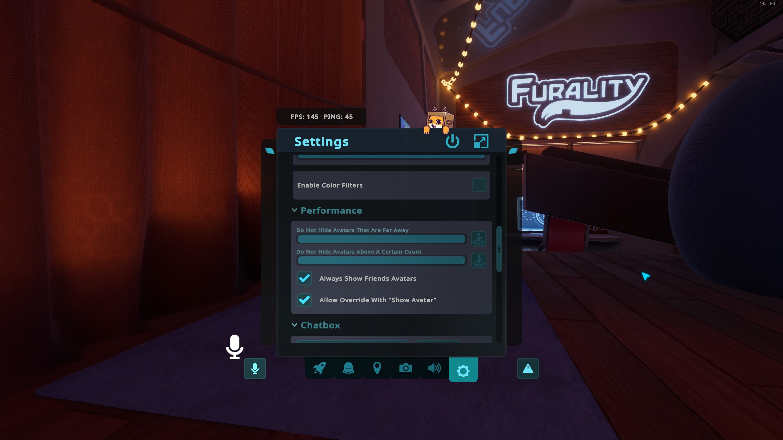 screenshot to show the Performance and avatar hiding options within the settings menu